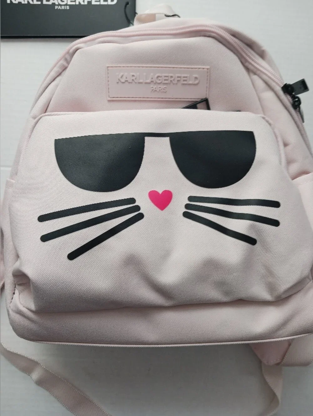 NWT- Karl Lagerfeld Paris Pink Cat Mini Backpack 12.25in Tall Logo Lined